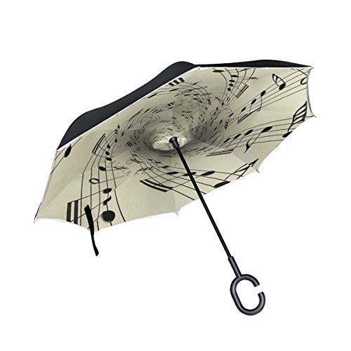 JSTEL Parapluie double couche avec notes de musique inversées - Pour voiture, extérieur - Avec poignée en forme de C