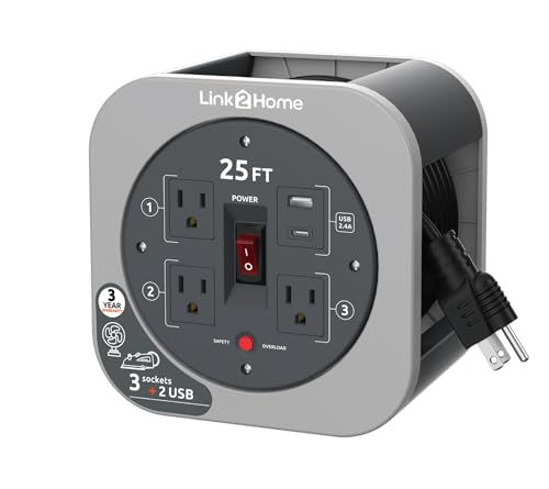 Link2Home 25 ft Retractable Extension Cord Reel 16 AWG SJT Cable 3 Grounded Outlets 2 USB A/C Ports (2.4A Fast Charge) Built-In Circuit Breaker Compact & Tangle-Free Power Reel Gray