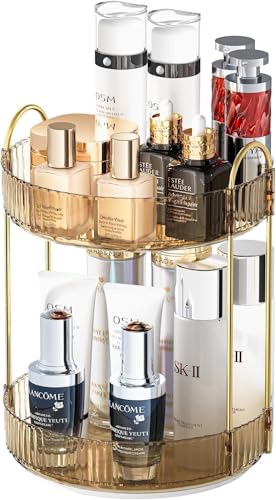 Image of 360 Rotating Makeup Organizer Bathroom Make Up Spinning Holder Rack, Large Capacity Cosmetics Storage Vanity Shelf Countertop, Fits Cosmetics, Perfume Skincare Lipsticks (2 Tier, Amber)