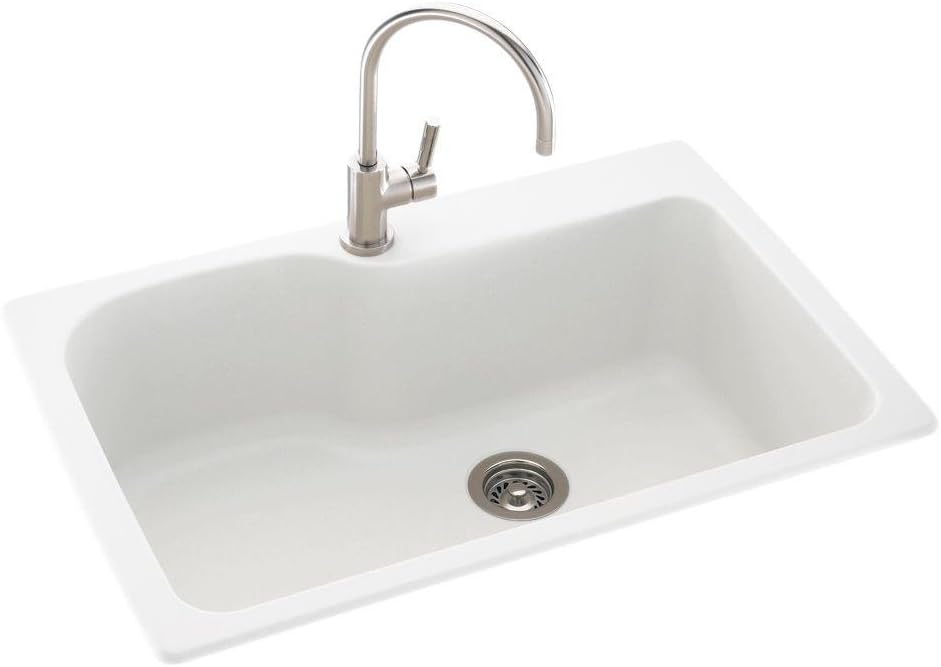 KS03322SB.010 Solid Surface 1-Hole Drop in Single-Bowl Kitchen Sink, 33-in L X 22-in H X 10-in H, White