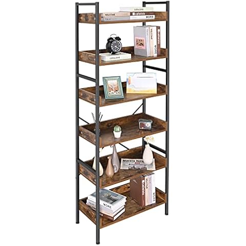 H JINHUI Bookshelf, 6-Tier Standing Shelving Unit, Black Industrial Style Tall Vintage Rack Organizer for Living Room, Home Office, Study, Hallway, Brown Wooden and Black Cover