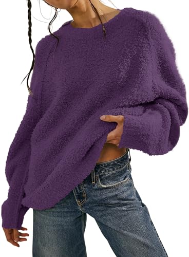 Image of Beaully Women's Oversized Crewneck Sweaters | Oversized style, Tunic sweater, Fuzzy knit, Soft knit, Loose fit, Drop shoulder