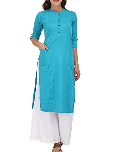 Women's Pure Cotton Plain Tunic Top 3/4 Sleeves Roll-UP Button Neck with Pocket Long Kurti Kurta Turquoise Blue