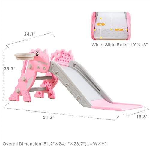 Toddler Slide Kids Slide With Basketball Hoop For Baby, Backyard Baby Playground Kids Slide, Freestanding Baby Climber Playset Indoor Slide Toys, Slide For Toddlers Age 1-3. (Pink Dinosaur) #TOP1