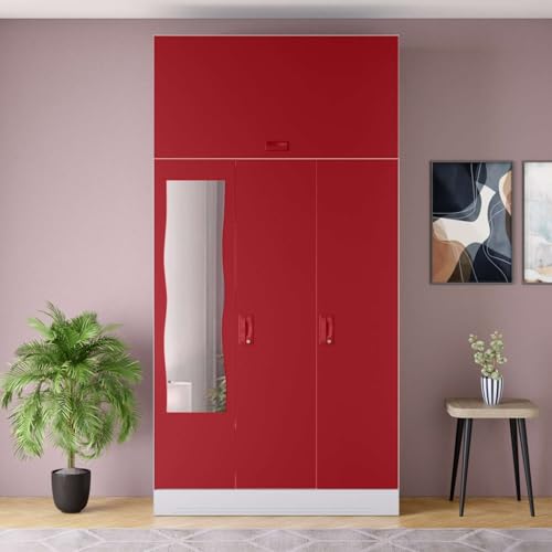 Image of Interio by Godrej Almirah Slimline 3-Door Steel Almirah, Cupboard for Clothes (Royal Ivory and Baked Apple), 1-Year Warranty, 6 Shelves, 1 Locker, 2 Drawers, Overhead Unit, Curvilinear Mirror