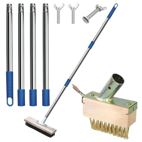 Jomdjmskes 2 Pcs Escoba Alambre con Mango Largo Telescópico, 2 en 1 Cepillo Cerdas Metal Rígido para Eliminar de Musgo, Malas Hierbas y Manchas Difíciles, Escoba de Exterior para Patio, Terraza