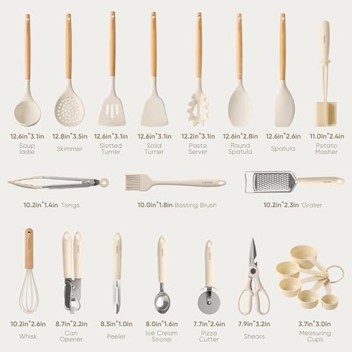 Image of CAROTE 22pcs Silicone Cooking Utensils Set, 446F Heat Resistant Kitchen Utensils Gadgets Set, Spatula, Turner, Whisk, Tongs