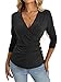 EasyGala Deep V Neck Tops Ruched 3/4 Length Sleeve Shirts Sexy Slim Fit Button Side Blouse for Women Black XX-Large