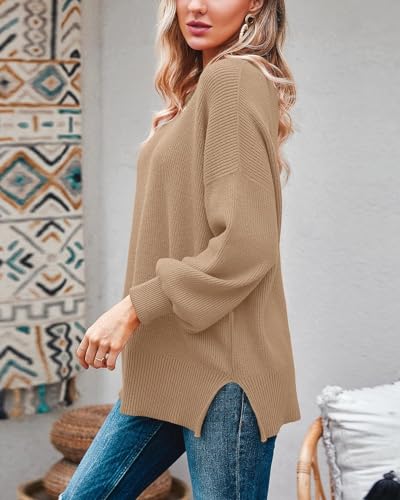 Image of Imily Bela Womens Oversized Tunic Sweaters Fall Slouchy Long Sleeve Ribbed Knit Side Slit Pullover Jumper