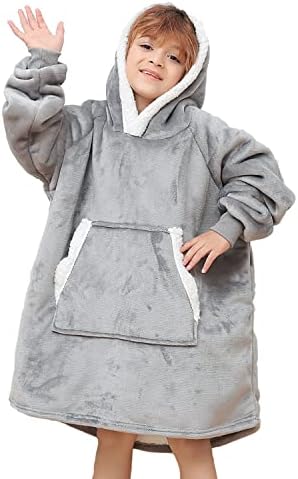 XYNHML Oversized Blanket Hoodie for Kids Flannel Sherpa Wearable Sweatshirt Blanket Snuggies Warm Plush Hooded Blanket with Huge Pocket and Elastic Sleeve Light Grey