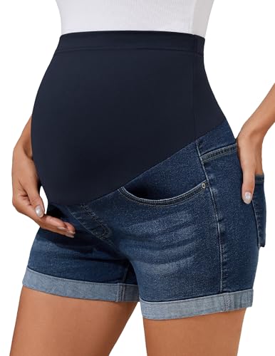 Image of PACBREEZE Women's Maternity Jean Shorts Over Belly Stretch Denim Shorts Trendy Summer Pregnancy Clothes