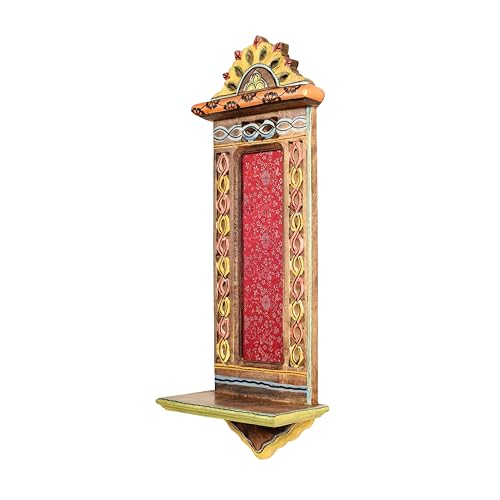 Image of AAKRITI ART CREATIONS Handcrafted Brown Wooden Wall Shelf | Decorative Hand-Painted Storage Rack, Floral Art, Matte Finish | Wall Mount Shelf for Home