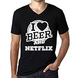Homme Tee-Shirt Col V J'aime La Bière Et Netflix – I Love Beer and Netflix – T-Shirt Vintage Noir Profond L