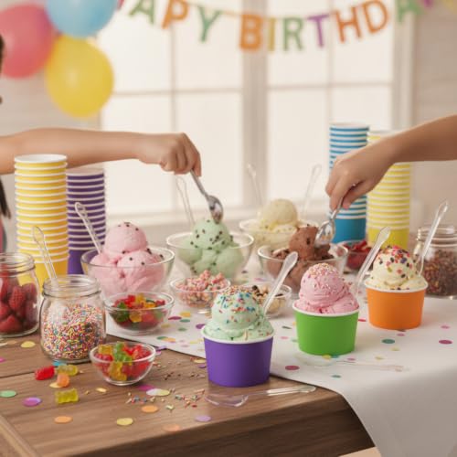 Image of Boao 100 Set 5 oz Ice Cream Cups with Spoons Disposable Paper Sundae Dessert Bowls Summer Party Supplies (Colorful Style)