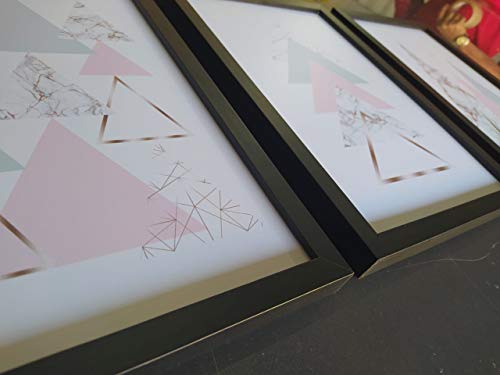 Kit 3 Quadros Geométrico Triângulo Cinza Mármore Grande Rosa 40x60 60x40 cm