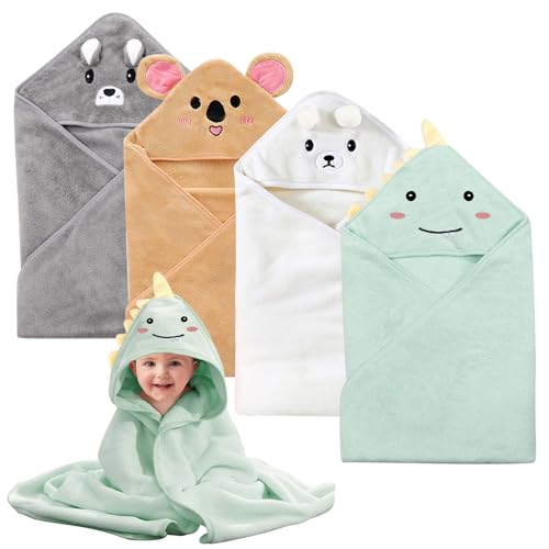GOMETY 4 toallas de bebé con capucha, 80 x 80 cm, toalla con capucha para bebé, toalla de felpa de coral con capucha, toallas de baño para bebé con orejas lindas, toallas de baño suaves para bebés de