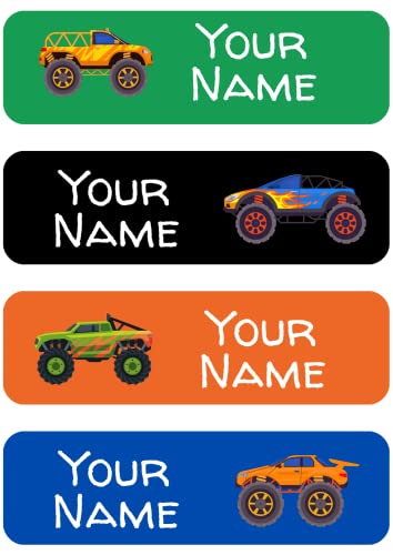 128 Monster Trucks Custom Kid Name Label for Daycare, Waterproof Dishwasher Safe, Personalized Name Sticker for Camp, School Supply, Baby Bottle, Lunch Boxes, Water Bottle, Cups(Pattern 1)