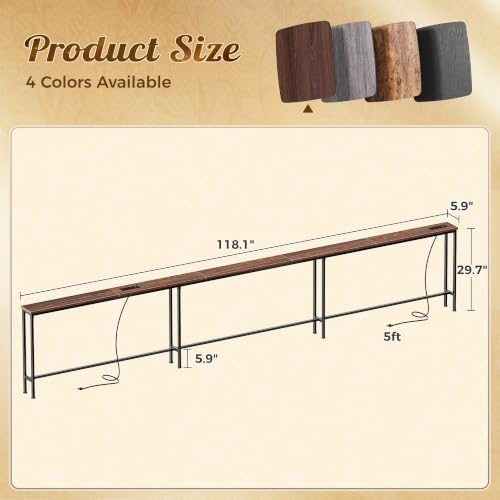 Image of Huuger 118 Inch Sofa Table with Power Outlets, Skinny Behind Couch Table | 5.9 Inch Narrow Entryway Table, Extra-Long Console Table, Behind the Couch Table with Outlet for Living Room, Dark Walnut