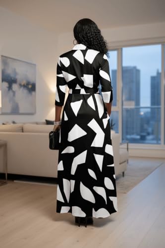 Image of Runwind Women Church Maxi Dresses 3 /4 Sleeve Button Down Print Casual Office Dress African