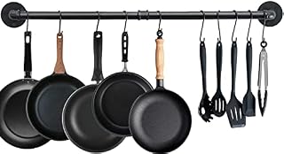 40 inch / 100cm Industrial Pipe Pot Pan Bar Rack, JOYCEMALL Retro Wall Mounted Heavy Duty Detachable Kitchen Utensils Hanger Rail Organizer with 16 Silding Hooks for Lids Hanging, Black