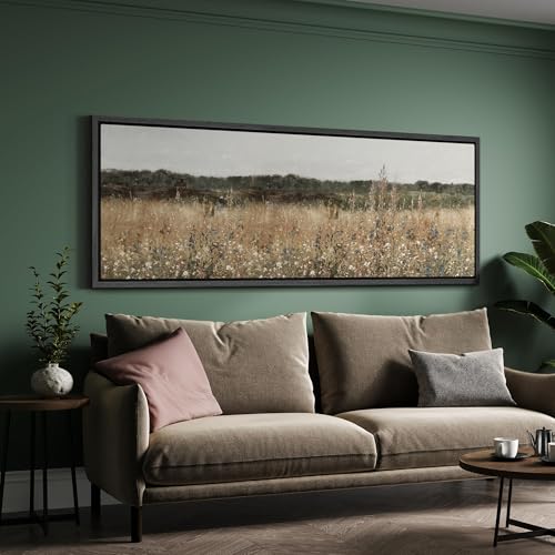 Image of MUDECOR Large Framed Canvas Print Wall Art Golden Meadow Neutral Wildflower Field Antique Ready to Hang Painting for Living Room Bedroom Multi-Sizes - 60 inchx20 inch