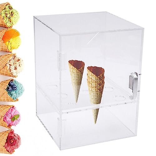DOONARCES 9 Holes Ice Cream Cone Cabinet Clear Acrylic Ice Cream Cone Holder with Door Egg Roll Cone Storage Display Case Waffle&Wafer Cone Holder Stands for Dessert Shop Party, 12*9*9inch