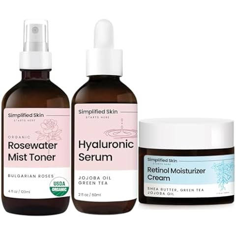 Anti-Aging Skincare Bundle – USDA Certified Organic Rose Water Spray (4 oz), Hyaluronic Acid Vitamin C Serum (2 oz), and Retinol Moisturizer Cream (1.7 oz) – Hydrating, Anti-Wrinkle & Nourishing Combo Cover