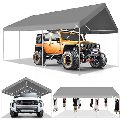COBIZI 12x20ft Carport Heavy Duty, Portable Garage with Removable Sidewalls, Ventilated Windows & Built-in Sandbags, Car Canopy for Truck, Boat, SUV with All-Season Tarp, Waterproof, Gray