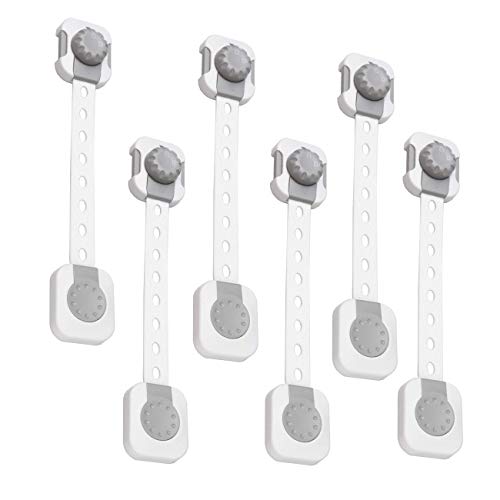 (Free bee) Child Safety Strap Locks and Cabinet Locks (6 Pack) for Drawers Cabinets Fridge Dishwasher Cupboard Oven Adhesive No Drilling (Gray) FBBG-1GR