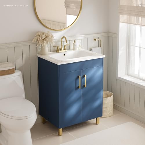 phiestina 24 Inch Blue Fully Pre-Assembled Bathroom Vanity with Ceramic Sink, 2 Soft Close Doors, Storage Cabinet for Small Spaces, Not Faucet Includ, BV01-BLUE-JH