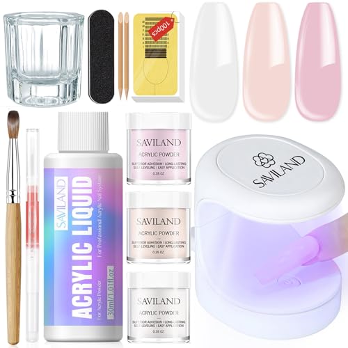 SAVILAND Acrylic Nail Kit with U V Light: Clear Nudes Pink Acrylic Powder and Liquid Set with Brush Forms 16W Mini Nail Lamp for Home DIY Salon Manicure