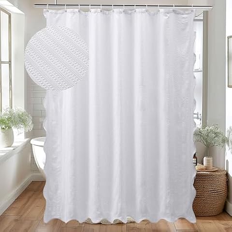 Siiluminisoy Boho Waffle Textured Scalloped Border White Shower Curtain, 72 x 72 Farmhouse Minimalist Chic Shower Curtain Set with Hooks for Bathroom Shower Cover