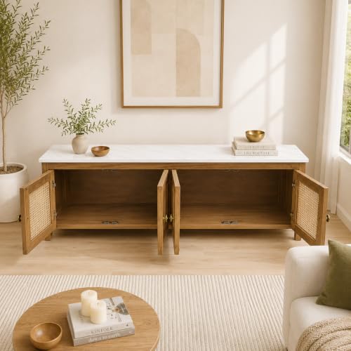 Image of The Attic Crestwood Solid Wood TV Cabinet with Cane Doors, Sideboard Storage & Display Cabinet for Living Room & Dining Room, Handcrafted Wood, Light Teak Finish