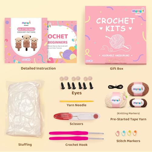 Image of Mewaii Crochet Kit for Beginners Level 1 with 40% Extra Eco-Friendly Pre-Started Easy Yarn, Step-by-Step Video Tutorials for Adults and Kids (3 Pack Sea Otter Family)