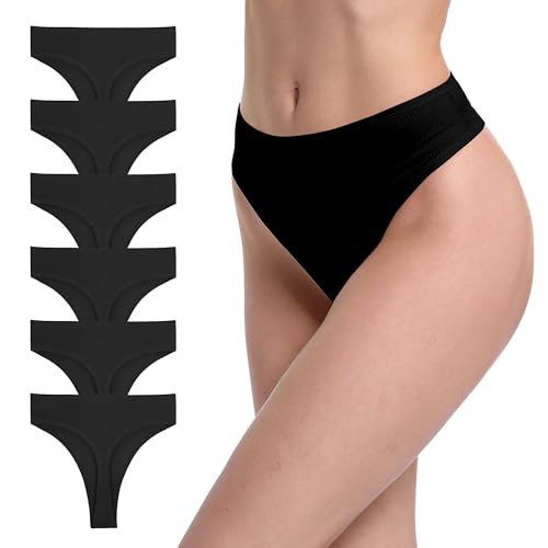 Image of 6 Pack Women's Ribbed Cotton Thongs High Waist Panties Underwear | GAREDOB 6 Pack Women's Ribbed Cotton Thongs High Waist Seamless Panties Plus Size High Rise No Show Underwear