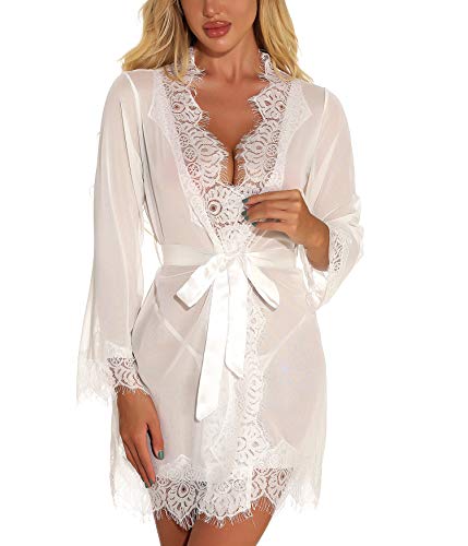 RSLOVE Peignoirs Femme Nuisette de Chambre Kimonos de Mariée Peignoir de Chambre Court Kimono Col V avec Ceinture en Satin Blanc S