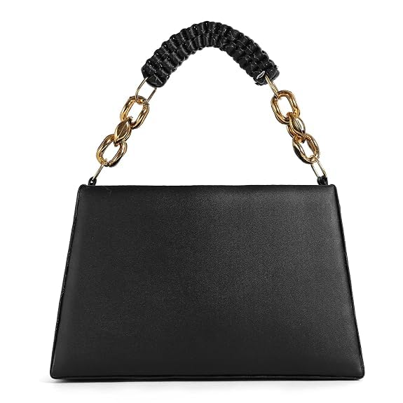 Image of Black Structured Handbag with Gold Chain Handle and Woven Crossbody Strap, Faux Leather