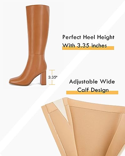 Coutgo Womens Wide Calf Knee High Boots Chunky High Heel Square Toe Fashion Leather Shoes with Side Zipper4