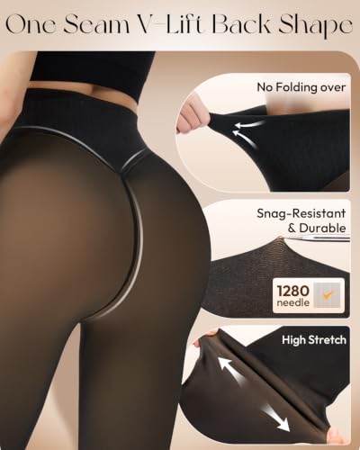 Image of Fleece Lined Tights Women One Line High Waist Warm Sheer Fleece Tights Thick Thermal Pantyhose Winter Black