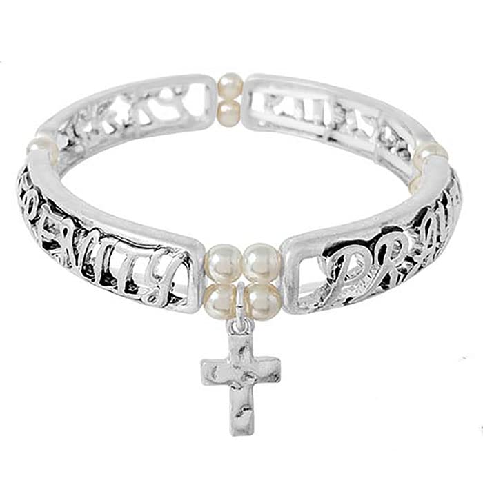 Image of Emulily Serenity Prayer Inspirational Cut out Stretch Bracelet Cross Charm