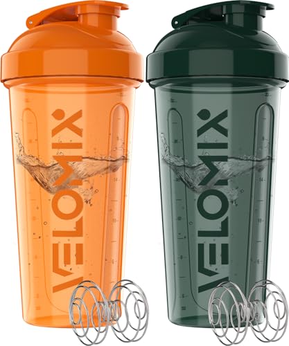 -2 Pack- 28 oz Protein Shaker Bottles for Protein Mixes - 2x Wire Whisk | Leak Proof Shaker Cups for Protein Shakes | Protein Shaker Bottle Pack | Shakers for Protein Shakes-Green&Orange