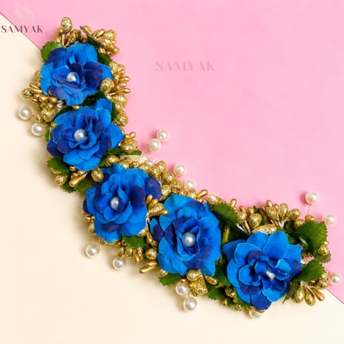 Image of Samyak Beautiful Hair Gajra Garland Handmade Floral Wedding Bridal Bridesmaid Hair Jewellery Bun | Juda Accessory | Tiara | Hair Vine | Hair Accessory | Hair Pin Clips Veni (Dark Blue)