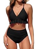 Tempt Me Women Solid Black Two Piece Swimsuits High Waisted Bikini Set Ruffle Flounce Tummy Control Bottoms Bathing Suit XL