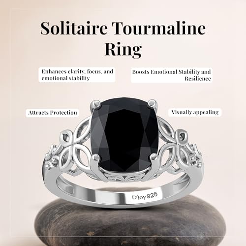 Black Tourmaline Ring in 925 Sterling Silver - October Birthstone Rings for Women - Engagement Promise Floral Statement Vintage Solitaire Tourmaline Jewelry Birthday Gifts for Womens3