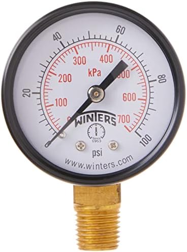 Winters 2 inch Dial Size, Multi Function Economy Utility Dry Pressure Gauge, Brass Internals, Black Steel Case, Dual Scale 0-100 psi/kPa, 3-2-3% Accuracy, 1/4 inch NPT Bottom Mount, Pressure Gauge