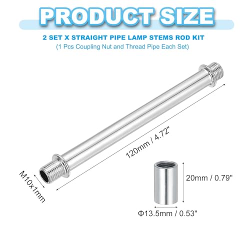 Image of PATIKIL Straight Pipe Lamp Stems Rod Kit, 2 Set M10 Carbon Steel 120mm(4.72 inch) Long Double End Thread Rod with Coupling Nuts Sleeve Connector for Table Lamps Chandeliers,Chrome