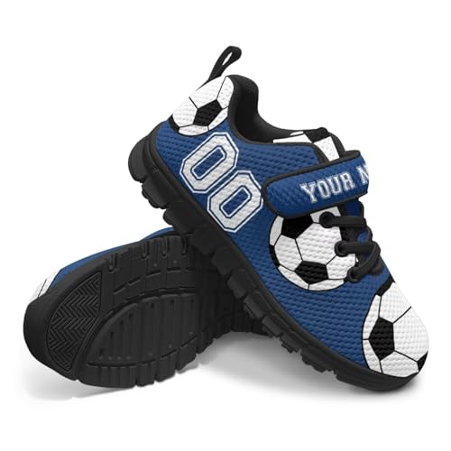 Kids Custom Name Sneakers Boys Soccer Print Tennis Shoes Lightweight Breathable Running Shoes with One Strap