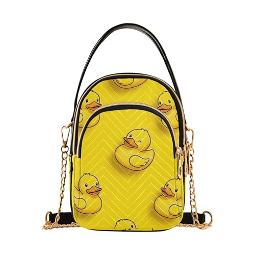 Cute Cartoon Yellow Ducks One Shoulder Handbags Phone Purse Chain Strap Handbag Floral Print Zipper Lady Crossbody Bag, 5.9