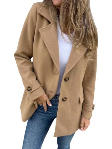 Image of IDEALSANXUN Wool Pea Coats for Women Fall Winter 2025 Peacoat Womens Coat Wool Coat Trench Coat Blazer Jacket Dress Casual Overcoat,Khaki,L