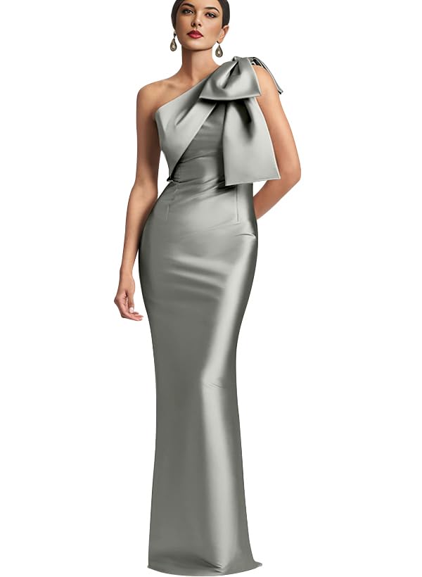 Image of One Shoulder Bridesmaid Dresses with Bow Long Mermaid Satin Back Slit Mother of The Bride Dresses PM004
